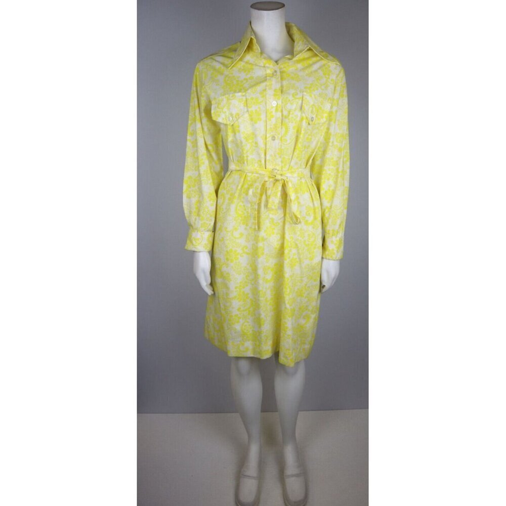 VINTAGE 1970s WOMEN'S CANARY YELLOW PRINT LONG SLEEVE SHIRT DRESS - HOBNOBBER -